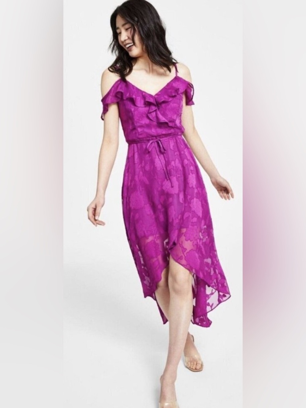 BCX Bright Fuchsia Cold-Shoulder Ruffle High-Low Dress